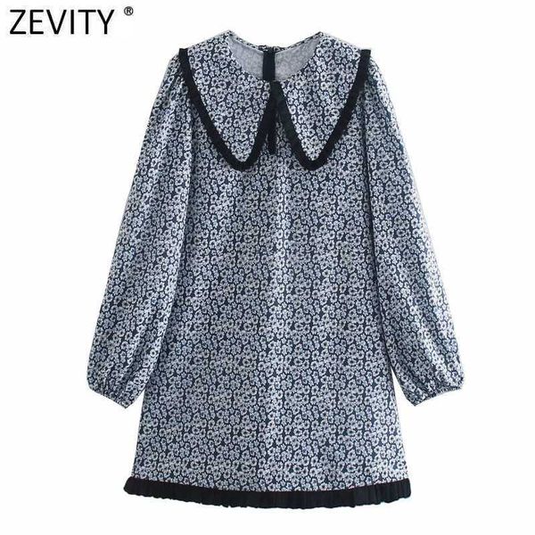 

zevity women sweet peter pan collar agaric lace patchwork printing mini dress female back zipper casual slim vestido ds4851 210603, Black;gray