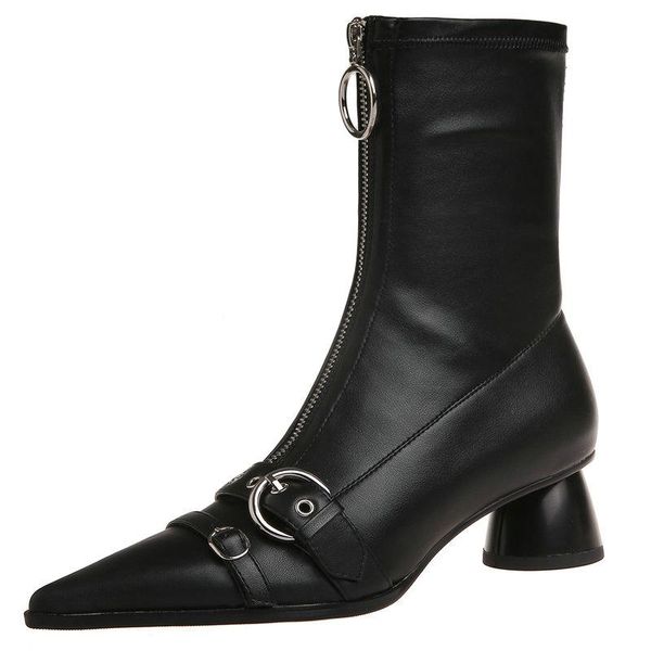 

boots zipper women short autumn winter warm fashion genuine leather shoes for working thick high heels ankle, Black