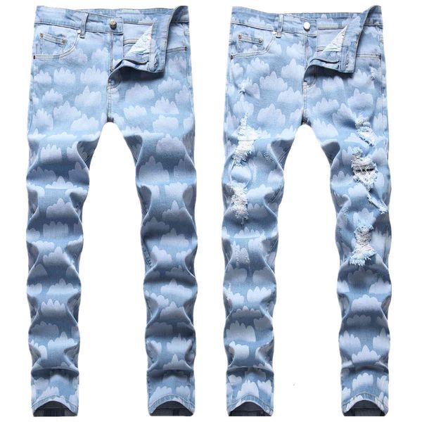 

jeans new printing men's stretch slim small straight tube light color blue sky and white clouds large pants