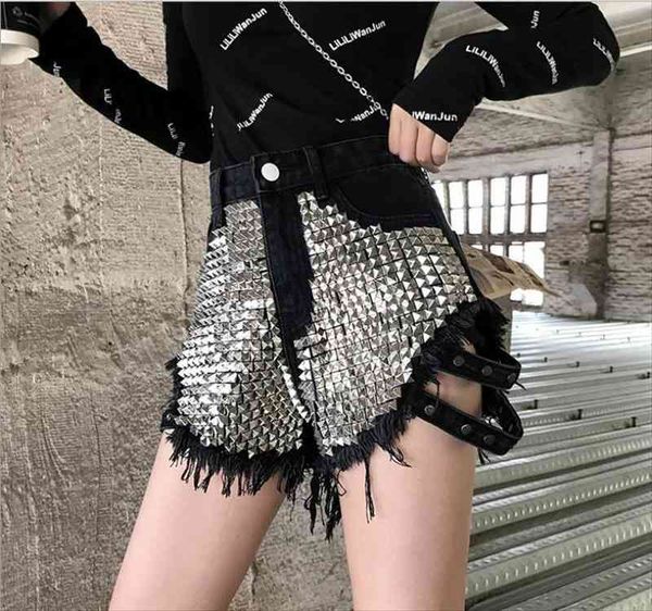 

high waist women rivet denim shorts summer spring autumn booty shorts loose tassel female fashiondenim short s xl j2311, White;black