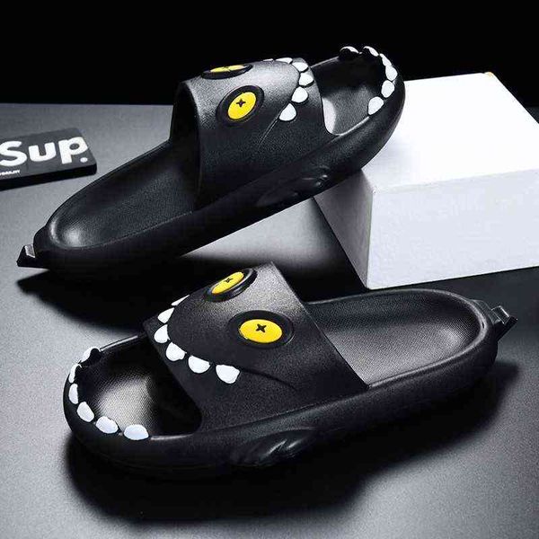 

slippers cute for women and men summer indoor bathroom home shoes breathable shark couple non slip flats 220304, Black