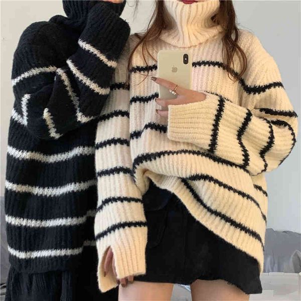 

tees autumn female turtleneck high-striped korean oversize vintage elegant lady pullovers mesh cbb5, White