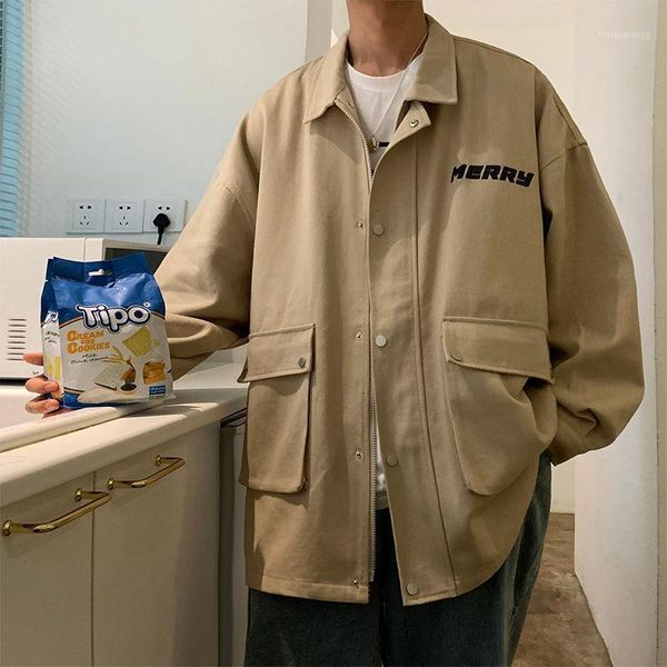 

men's jackets 2021 spring and autumn youth fashion loose solid color big pocket single-breasted jacket casual top, Black;brown