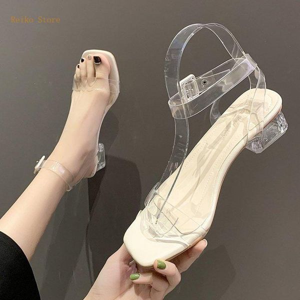 

summer style buckle transparent sandals female fairy thick heel mid-heel high heels all-match shoes, Black