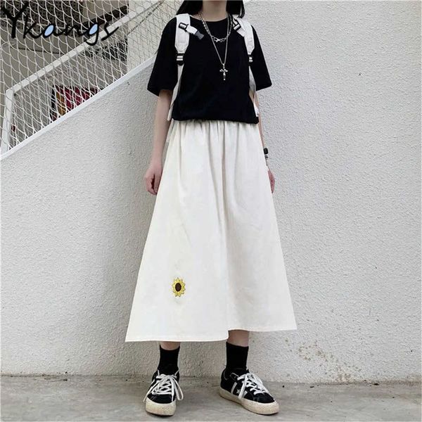 

simple flower embroidery a-line skirt women summer cotton high waist streetwear student casual loose hip hop black pleated skirt 210619