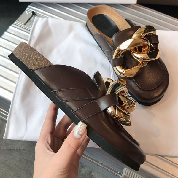 

zvu / jw muller hardware chain flat leather casual slippers version luxurysss designersss shoes yw, Black