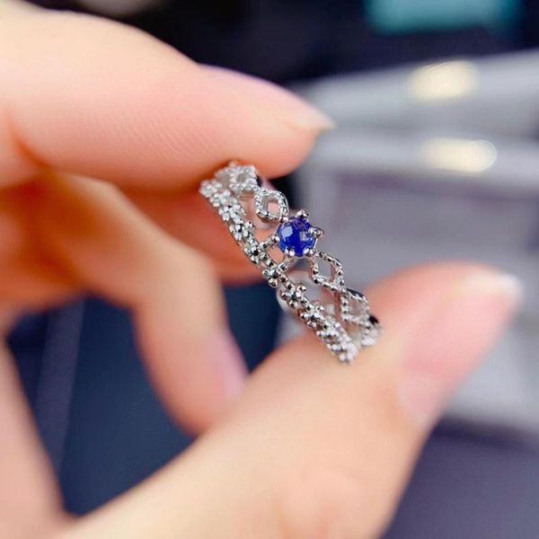 

cluster rings lovely delicate hollow row crown natural gem stone ring blue sapphire s925 silver women's girl party gift jewelry, Golden;silver