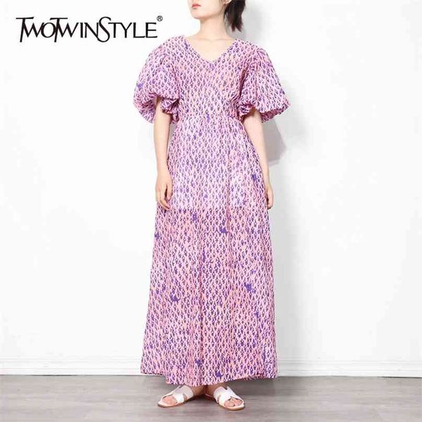 

pink print dress for women v neck puff short sleeve high waist vintage maxi dresses females summer fashion 210520, Black;gray