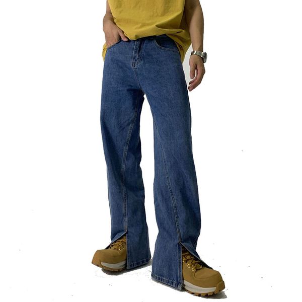

men's jeans vintage split korean chic fashion casual washed denim pants male streetwear hip hop trousers 8fk4, Blue