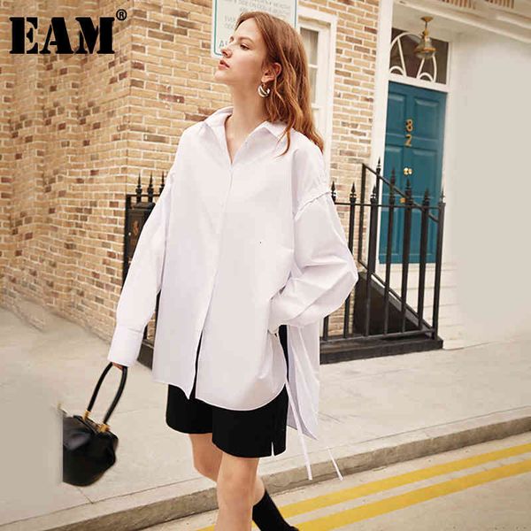 

[eam] women white side vent bandage big size blouse lapel long sleeve loose fit shirt fashion spring autumn 1k898 21512