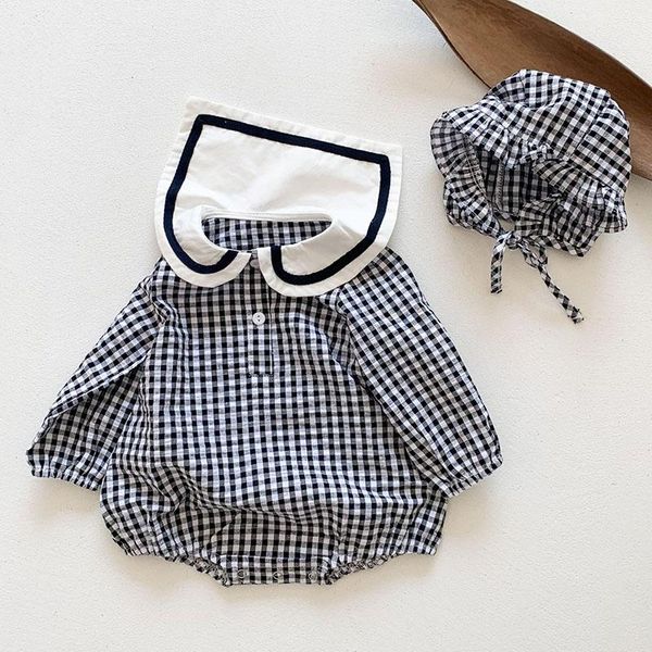 

clothing sets born infant baby boys girls grid rompers + hat spring kids boy girl long sleeve clothes, White