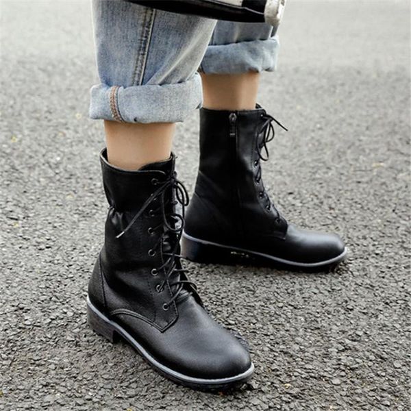 

boots pxelena design pleated women plus size 34-43 lace up zip low heels biker motorcycle ankle female shoes autumn, Black