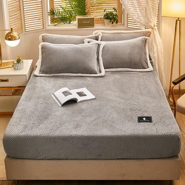 

sheets & sets gray solid color flannel bed winter warm plush fitted sheet soft mink cashmere linen mattress cover elastic bedspread