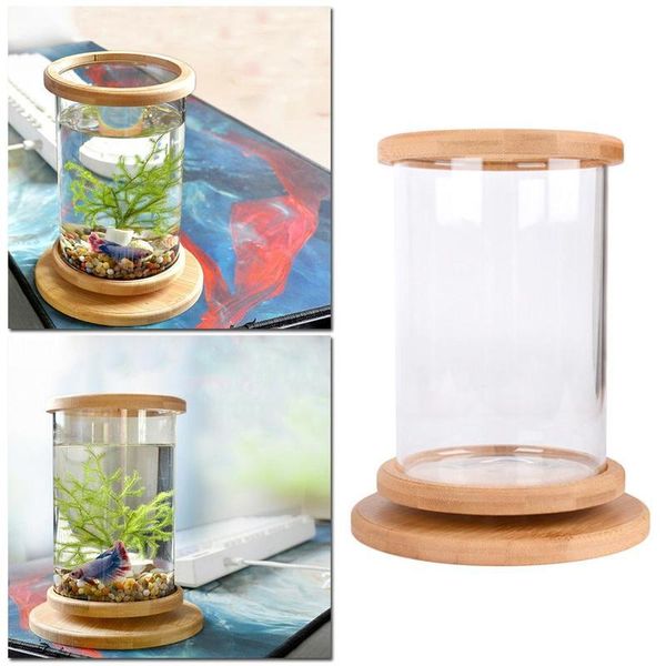 

aquariums 360 degree rotating glass betta fish tank bamboo base mini decoration rotate bowl aquarium accessories for office