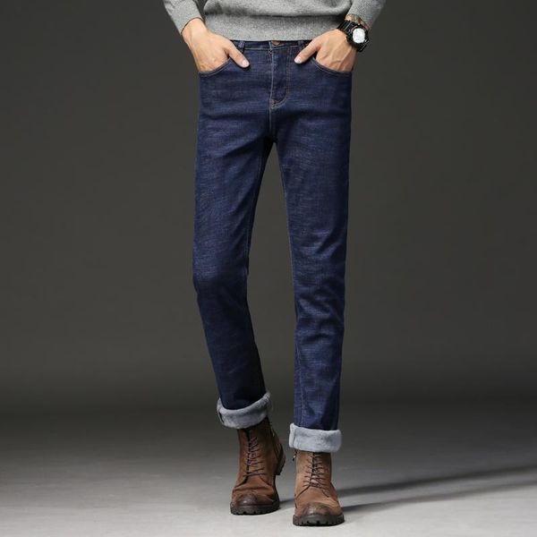 

men's jeans brand casual straight 2021 autumn winter solid color fleece homme denim pants loose vintage jean, Blue