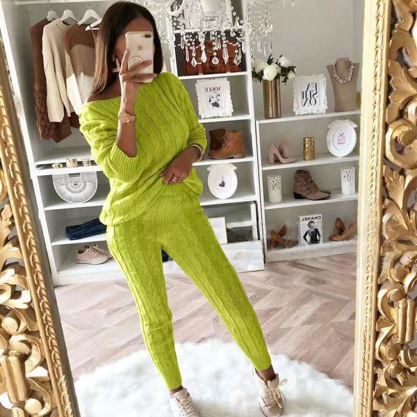 

women's two piece pants autumn winter women knitted tracksuit set sweater + elastic waist pant suit outfits, White