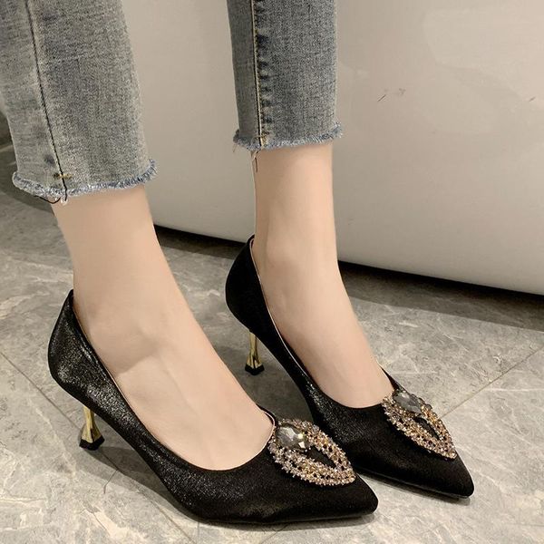 

dress shoes ladies velvet fashion women's pointed toe rhinestone buckle high heels 2021 spring stiletto women, Black