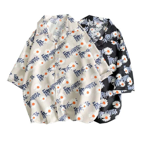 

men's casual shirts fashion mens short sleeve hawaiian shirt fast drying plus size asian -3xl summer world daisy print for men, White;black