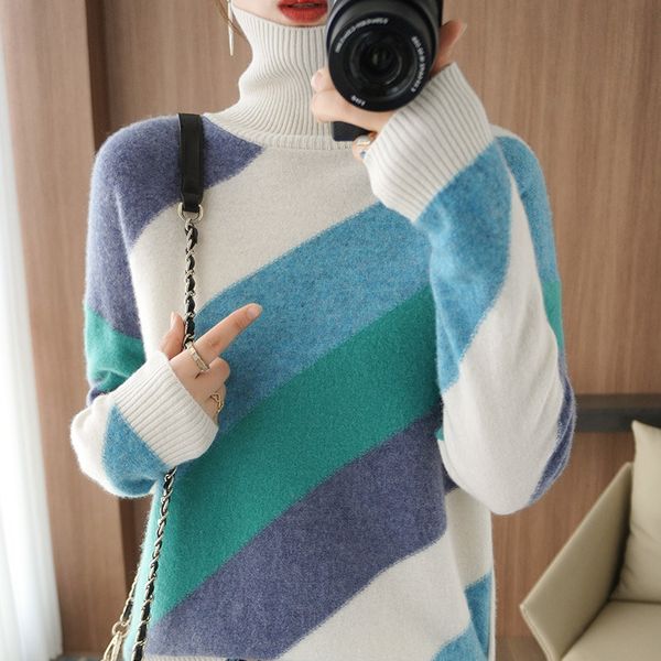 

women's sweaters cashmere sweater women's turtleneck 100% wool knit pullover striped bottoming shirt loose plus size n45o, White;black