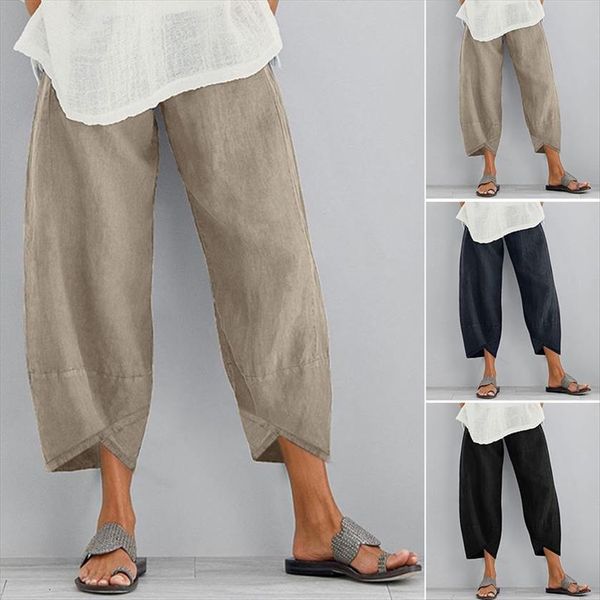 

loose harem summer casual women pant solid color elastic waist linen trousers ladies plus size irregular cropped wide leg, Black;white