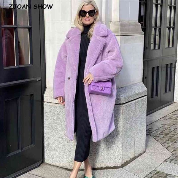 

winter stylish notched collar hairy shaggy faux fur long coat purple woman shearling fluffy x-long jackets keep warm outerwear 210429, Black