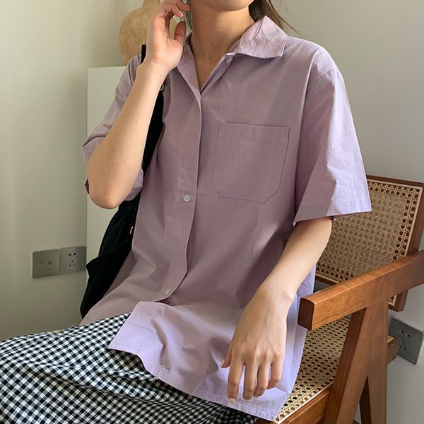 

4 colors 2021 preppy style loose turn down collar pocket solid color short sleeve shirt summer vintage blouse (f3952), White