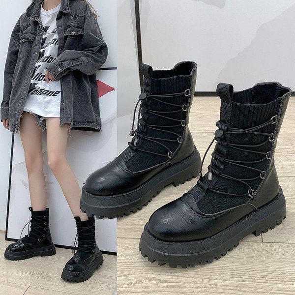 

boots fashion ankle women elastic cross-tied platform motorcycle booties female knitting patchwork winter 2021, Black