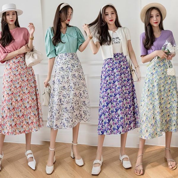 

skirts floral long printed chiffon elastic waist korean fashion high-waisted vintage spring autumn summer women's clothing 2021, Black