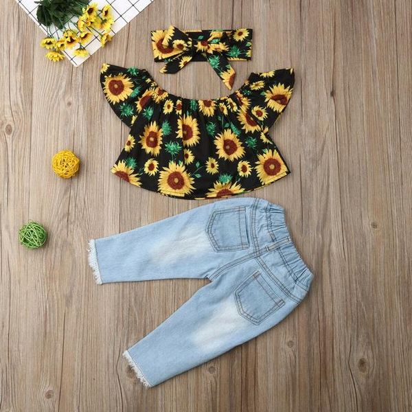 

clothing sets summer toddler kids baby girl clothes set floral off shoulder +ripped jeans denim pants outfits 6m-4y, White