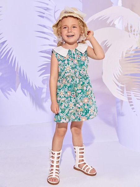 

toddler girls tropical print contrast doll collar dress she, Red;yellow