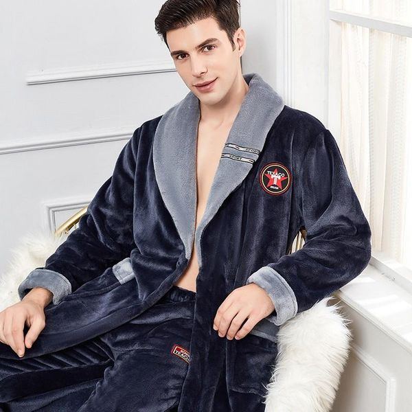 

men's sleepwear winter men warm flannel bathrobe gown lapel nightgown male coral fleece kimono casual nightwear home clothes, Black;brown