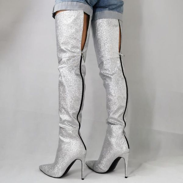 

boots botines mujer sliver glitter women shoes thigh high heel bota over the knee pointed toe long female motorcycle plus size47, Black