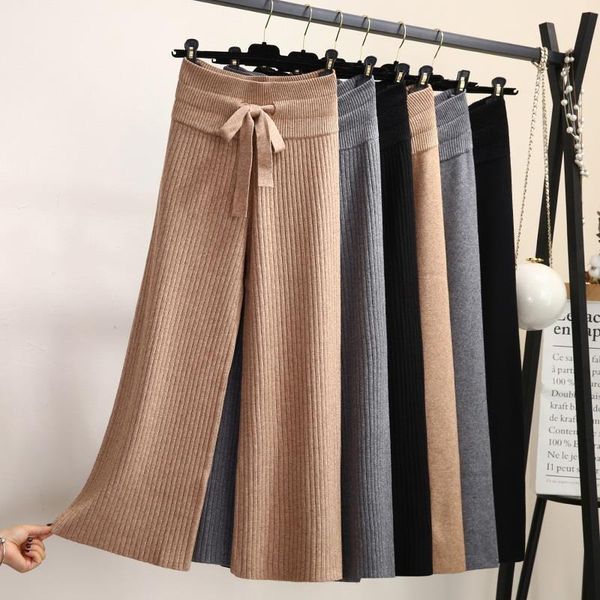 

women's pants & capris 2021 spring and autumn knitted wide-leg women korean version of solid color nine-point stretch belt lace-up, Black;white