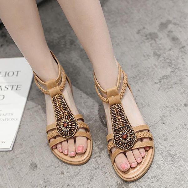 

sandals bohemian beach shoes female summer retro beaded zipper rhinestone roman flat women zapatillas mujer, Black