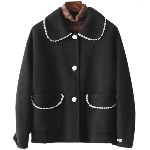 

women's wool & blends single breasted double faced black coat spring 2021 woolen jacket ol commuting loose cute solid pocket wear