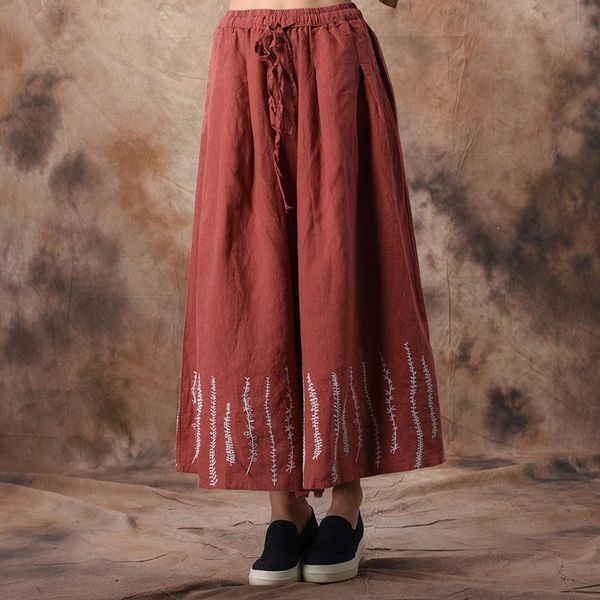 

women's pants & capris johnature embroidery wide leg elastic waist cotton linen trouser 2021 spring vintage plus size women, Black;white