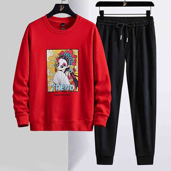 

men's tracksuits chinese style printed men's ensemble sweater vest + pants 2 piece casual male training jogging 8xl sweat suits p6, Gray