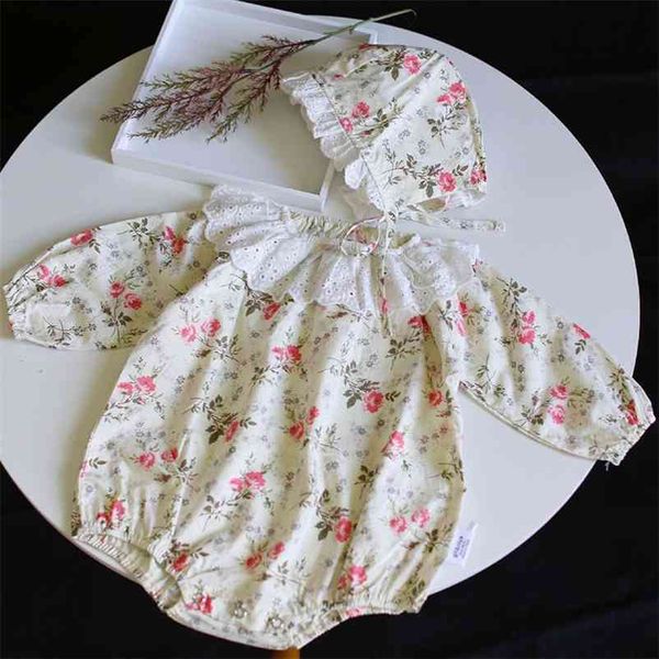 

0-2yrs spring kids girl long sleeve floral rompers + hat infant baby born clothes 210521, Blue