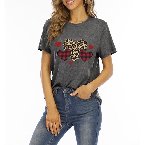 

2021 spring and summer new women's leopard check love print round neck short sleeve t-shirt for women, White