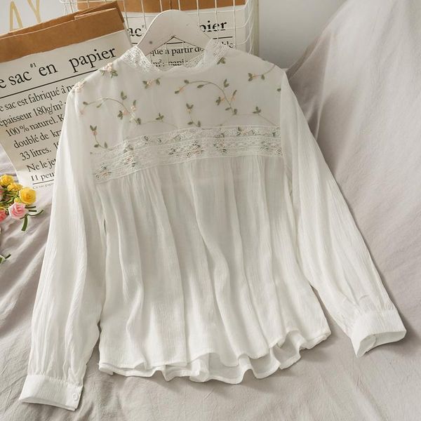 

women's blouses & shirts 2021 spring fashion women long sleeve floral embroidery patchwork casual stylish summer chic blouse, White