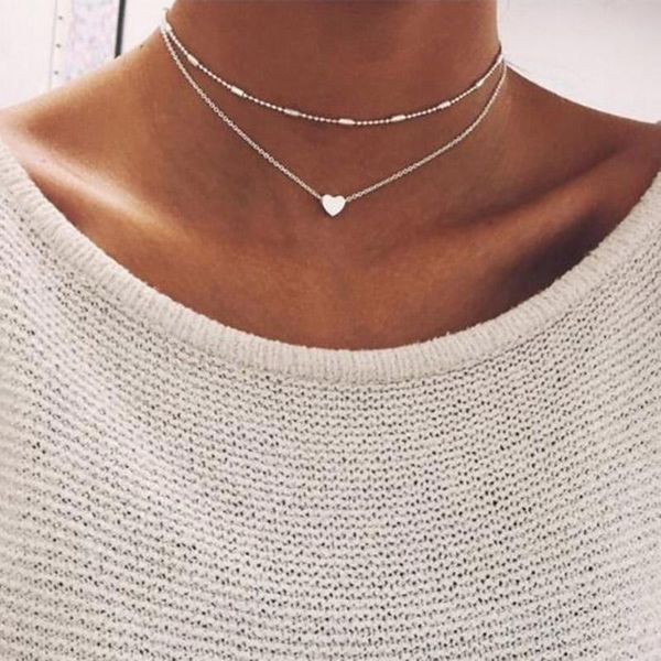 

ladies double-decker necklace brand double-horned heart gold dot girl drops chains, Silver