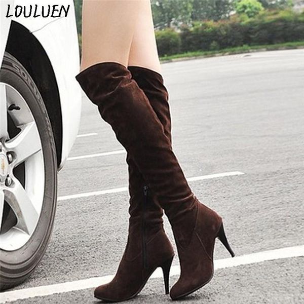 

boots louluen 2021 women snow long boot warm winter shoes thin high heel over knee fashion gift roman laarzen bottes mujer, Black