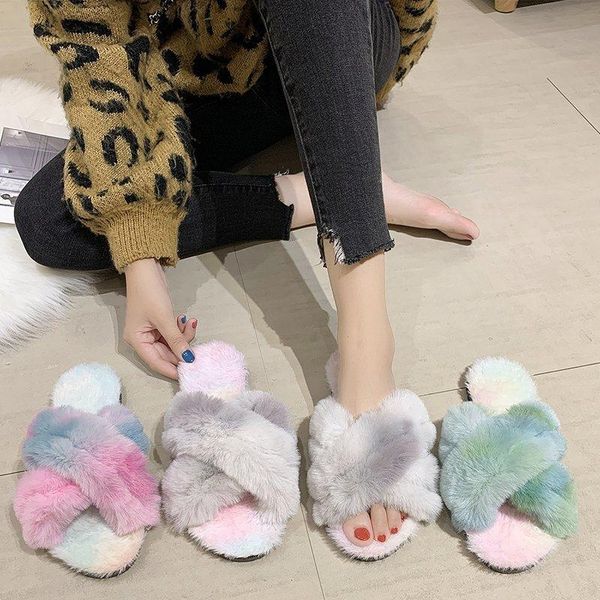 

home slippers faux fur warm shoes woman slip on flats female flip flops fashion cross shape, Black