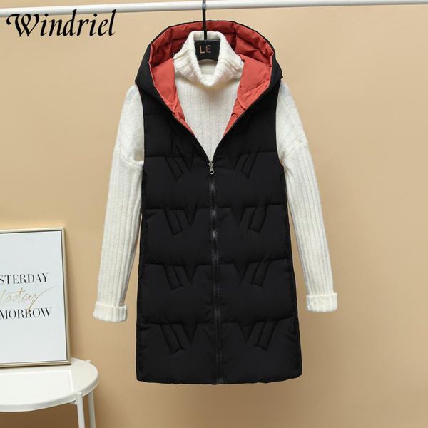 

women's vests windriel long vest women hooded warm waistcoat zipper cotton padded clothing snow wear both side jacket coat sleeveless, Black;white