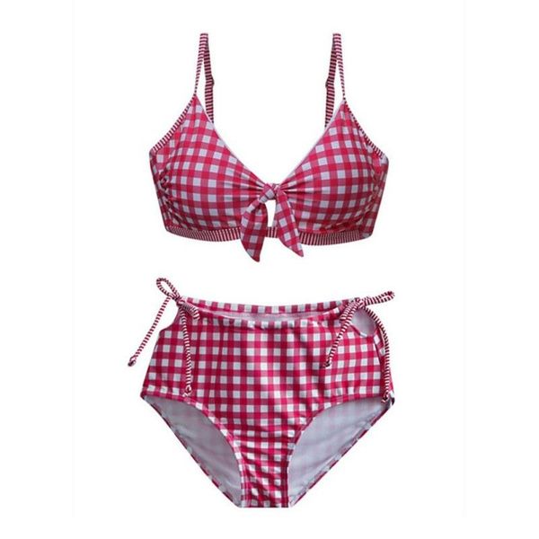 

one-piece suits women swimming high waist bandage model halter silang motif print kotak-kotak untuk wanita underwear bikini set