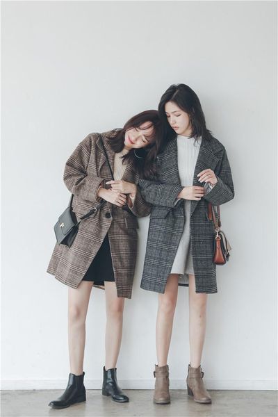 

women's wool & blends womens casual chic loose one button plaid blend shirt jackets outwear girls relaxed check woolen shackets coats s, Black