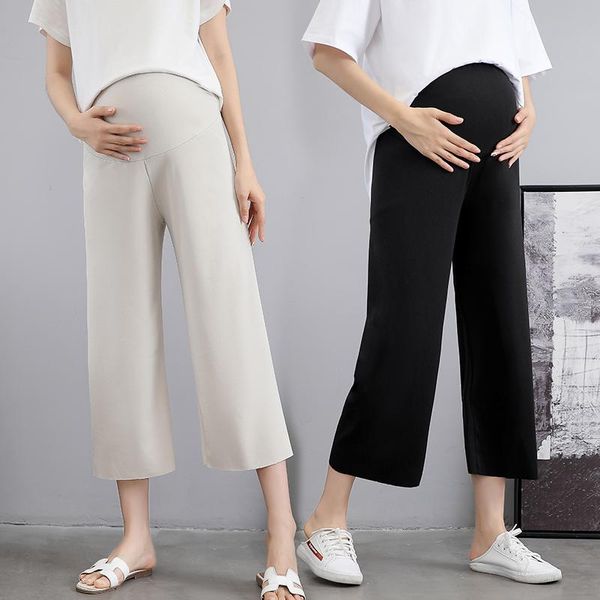 

maternity bottoms 7051# pants summer casual comfy cropped loose belly support elastic waist trousers, White
