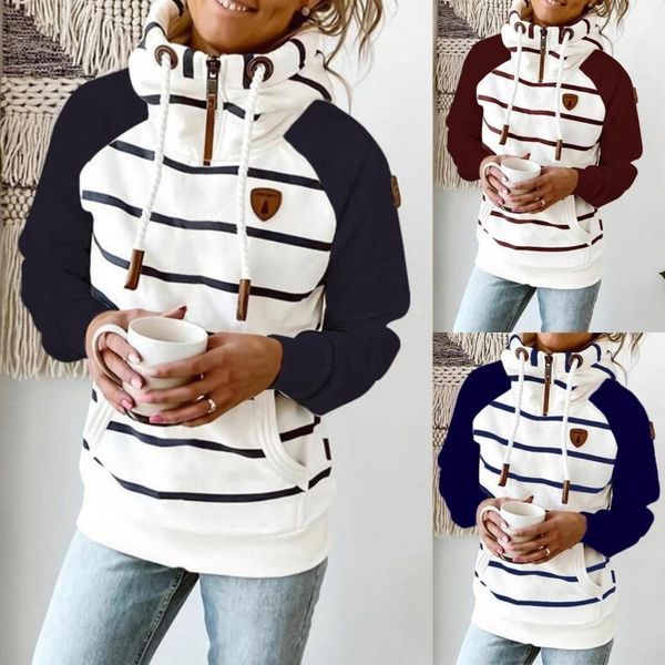 

winter hoodie stripe hoodies women sweatshirt long sleeve pocket zipper female thick outwear yoga outfit