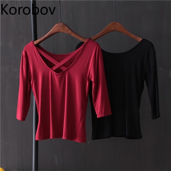 

korobov new arrival v neck short sleeve women t shirts korean casual plus size female t shirt summer tee 2a390 210430, White
