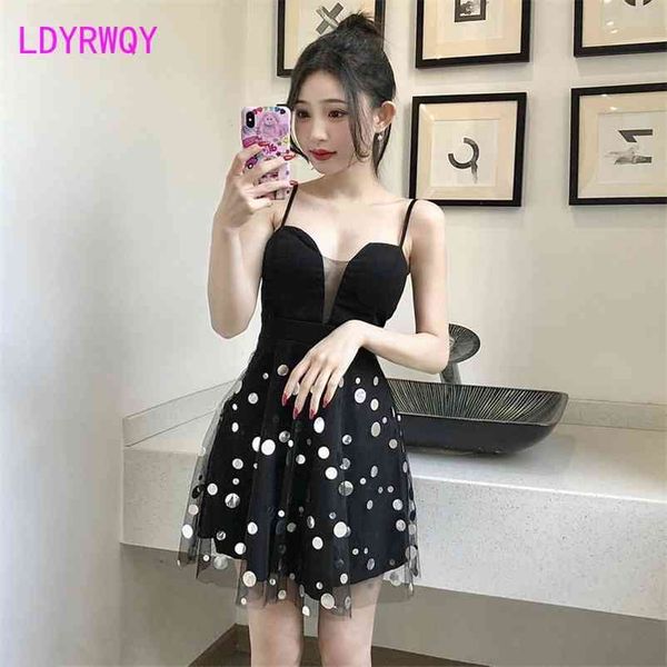 

ldyrwqy summer korean fashion polka dot slim strapless off-the-shoulder dress office lady 210603, Black;gray